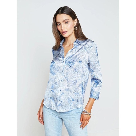 NWT L'Agence Dani 3/4 Sleeve Denim Print Silk Blouse L - Picture 2 of 10